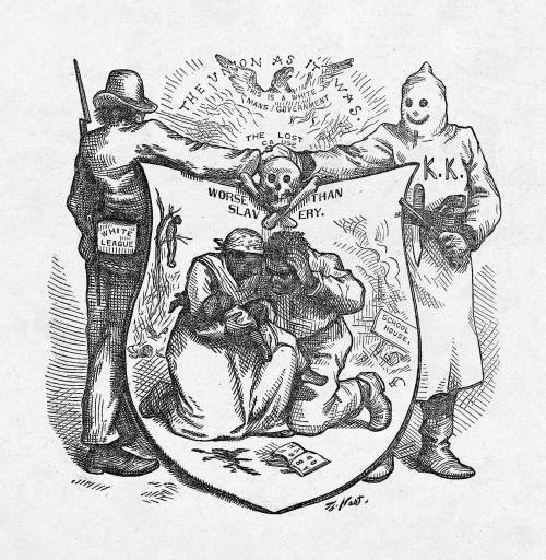 "The Union As It Was," Harper's Weekly, October 24, 1874. The title alludes to the old ca. 1862 Copperhead campaign slogan "The Union as it was, the Constitution as it is." The cartoon, by Thomas Nash, portrays a black family between a lynched body hanging from a tree and the remains of a burning schoolhouse, with the caption "Worse than Slavery."