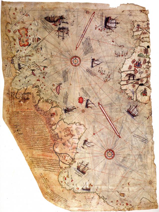 The Ottoman-comissioned Piri Reis map of 1513 was one of the most detailed navigational charts of the world at the time. Spain and West Africa appear at the upper right, Brazil to the lower left.