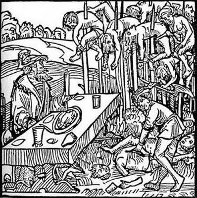 Woodcut from the title page of a 1499 pamphlet published by Markus Ayrer in Nuremberg. It depicts Vlad III "the Impaler" (identified as Dracole wyade = Draculea voivode) dining among the impaled corpses of his victims. 