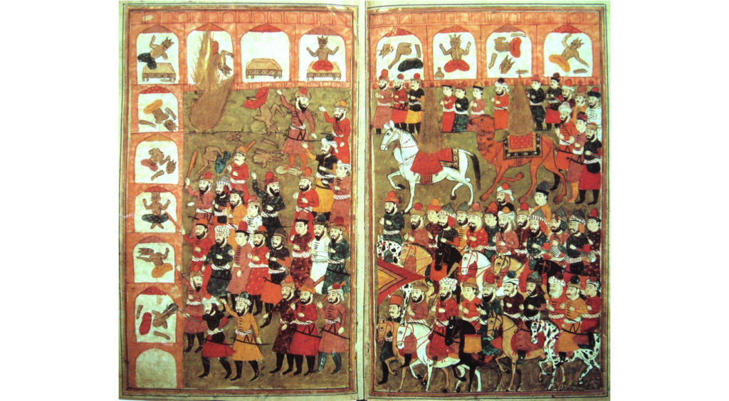 The conquest of Mecca by Muhammad's armies in 630 (seen here in a miniature held by the Bibliothèque Nationale de France). Following Islamic tradition, Muhammad is depicted as a pillar of flame riding a camel toward the top right of the panel.