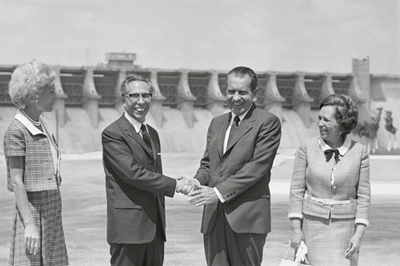 President Richard Nixon and Mexico's President Gustavo Diaz Ordaz shake hands at a ceremony on the Mexico side of the Rio Grande River 9/8 near Del Rio after they dedicated the Amistad Dam, in background.