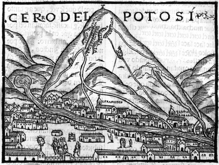 Potosi, rendered in a European manuscript. Pedro Cieza de León, 1553.