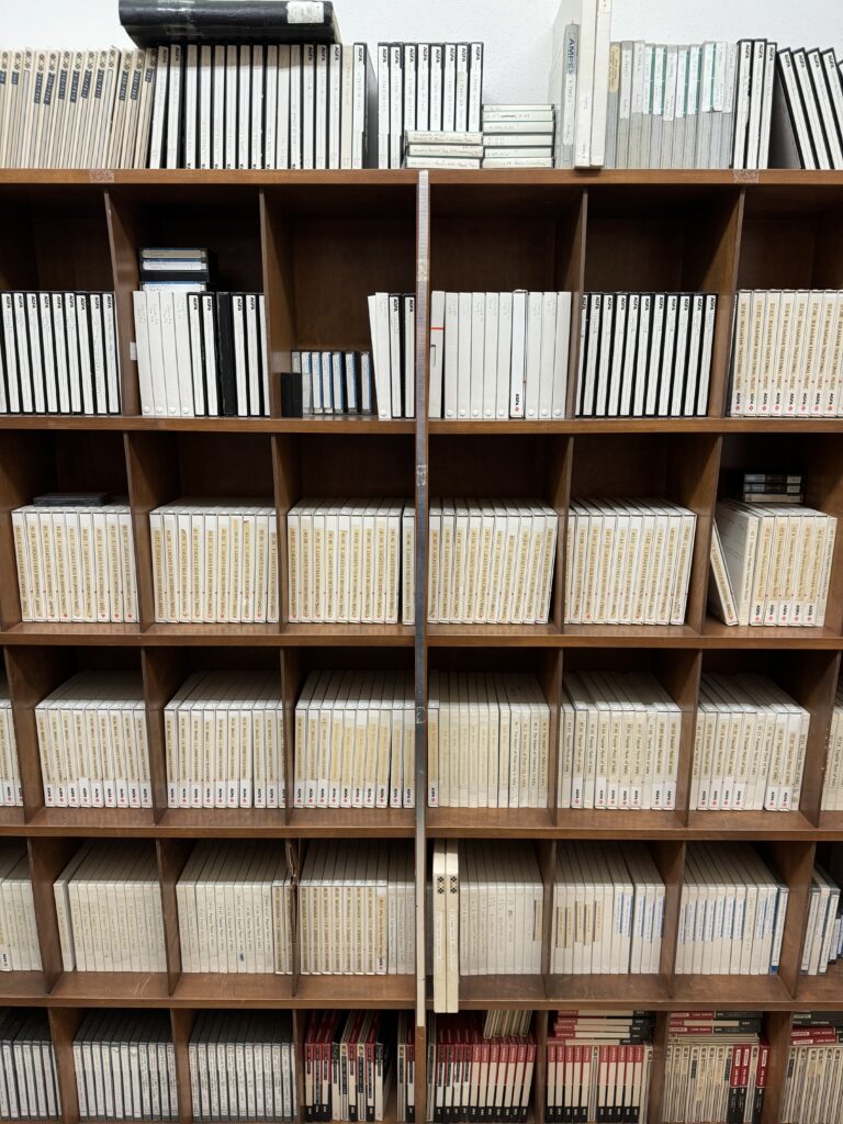 A photo of shelves filled with 7” tapes and several cassettes.