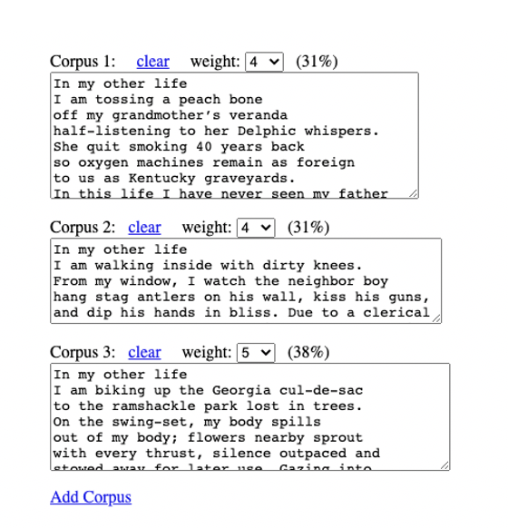A screen shot of an auto-generated poem with varying corpus weights.