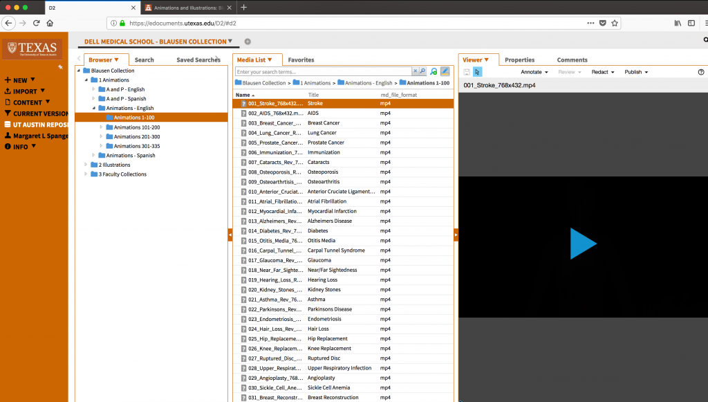 Screen Shot of the folder structure and files within Documentum including the Media Previewer 
