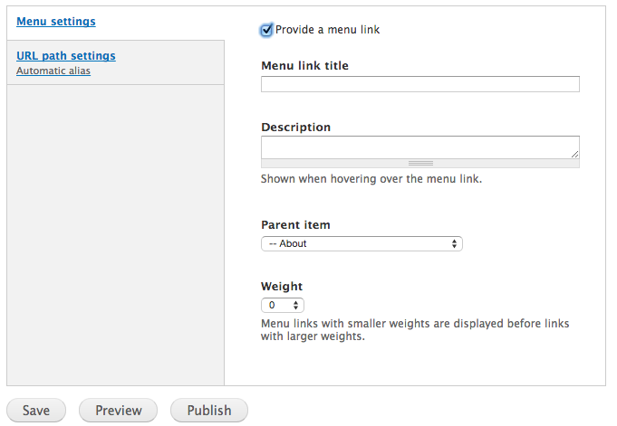 Area of the Content Type editing form for creating a menu item.