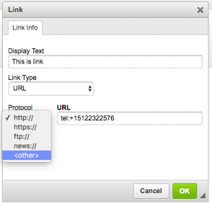 link dialog showing to select the "other" protocol and enter the phone number with in the format tel:15555555