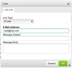Link dialogue with Link Type set to E-Mail. The Email Address field contins bob@bob.com, the Message Subject and Body fields are empty.
