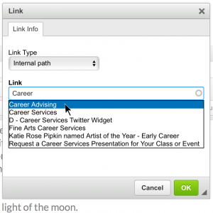 Link dialogue box with Internal path selected as link type. Below, the link field contains the word Career and it's autocomplete dropdown shows titles that contain the word Career.