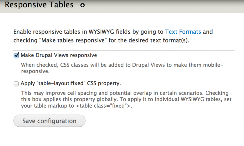 Configuration page for Responsive Tables