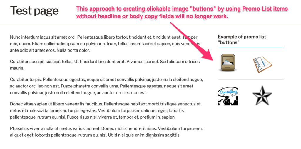 Example page showing pattern of using Promo List items as image "buttons"