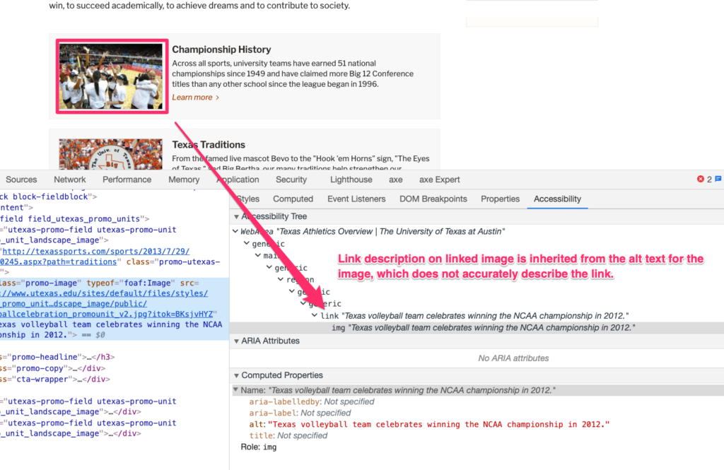 Example screenshot showing the impact of image alt text on link descriptions in linked images