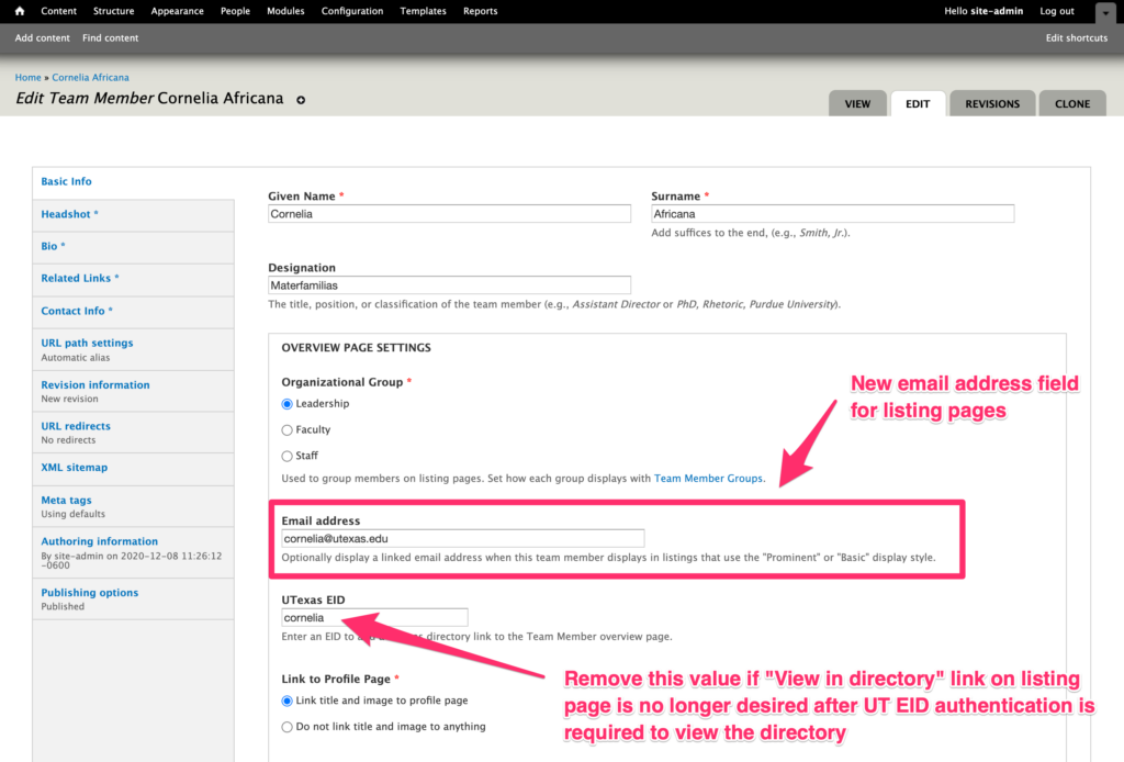 Screenshot of updated team member edit form highlighting new email address field