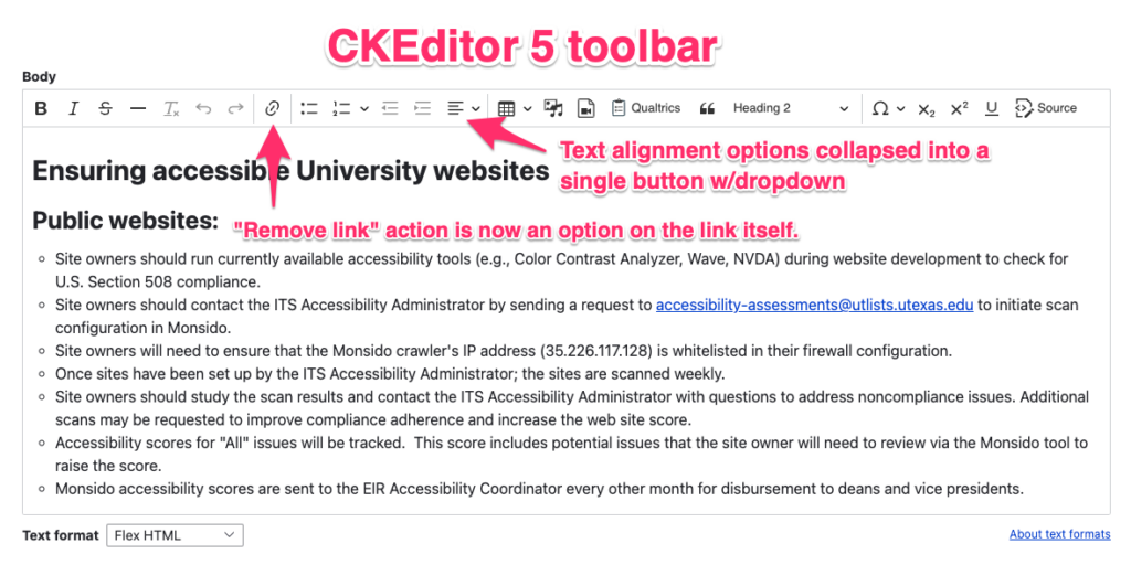 Screenshot showing re-located buttons in CKEditor 5 toolbar