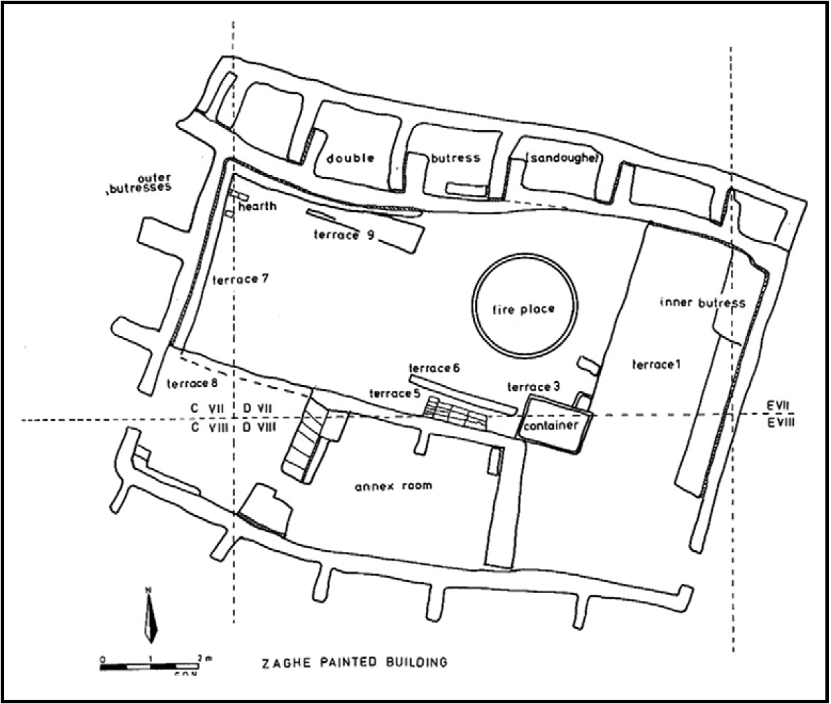 Drawing of floor plan with rooms and areas labeled 