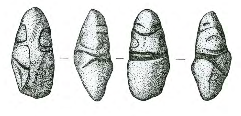 Four drawings of a figuring made of a smooth pinkish-white limestone river pebble.
