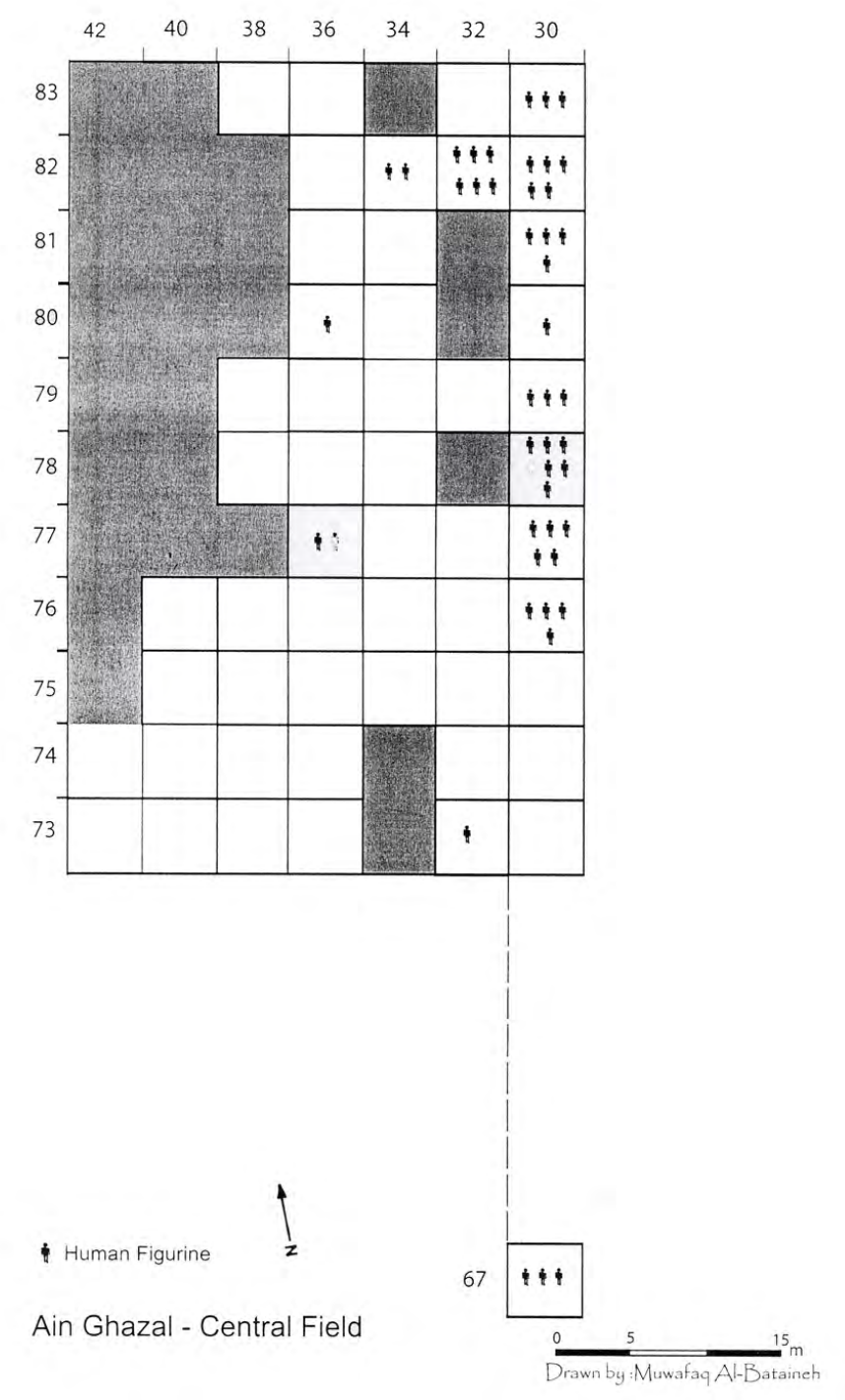 Numbered grid illustrating the number of human figurines in each excavated square.