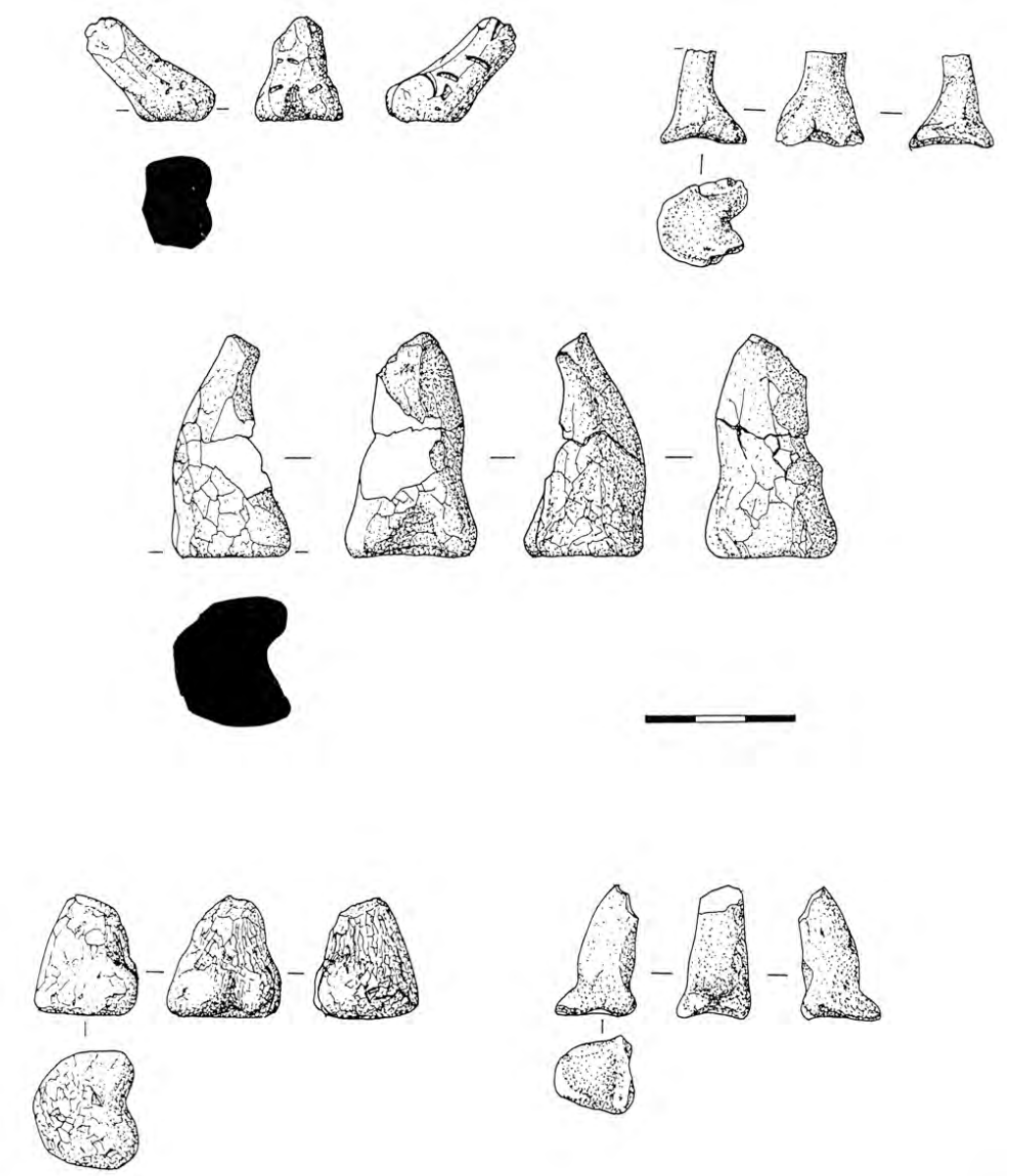 Several drawings of conical figurines from different angles.