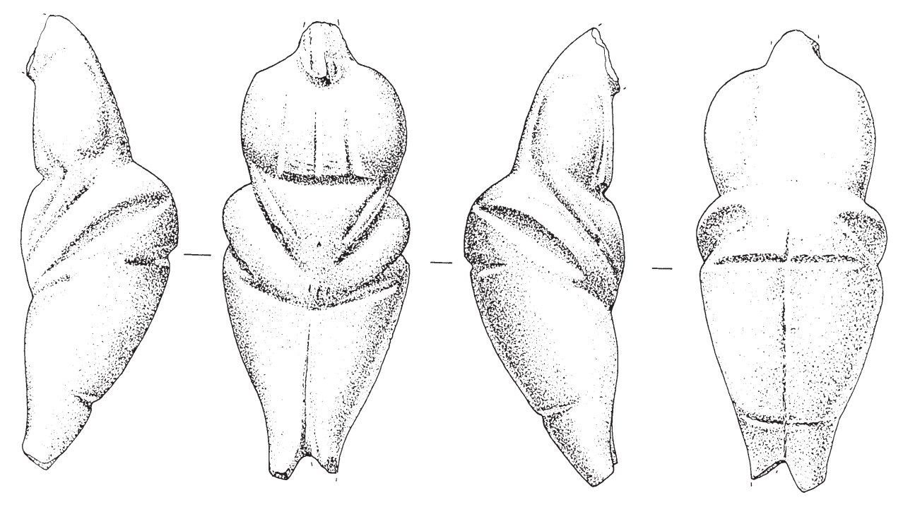 Drawing of the stone statuette from front, back and each side.