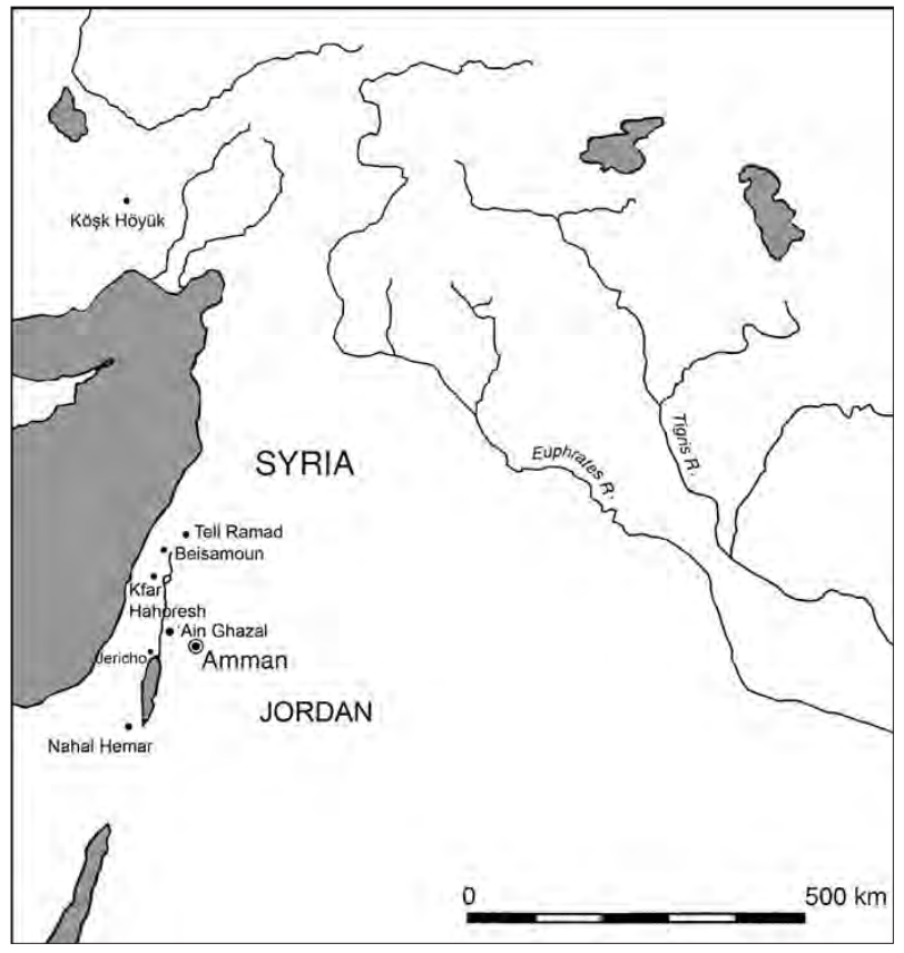 Map drawing indicating Jericho in Palestine; Beisamoun, Kfar HaHoresh, and Yiftahel in Israel; Tell Ramad and Tell Awad in Syria, and Kösk Höyük, Turkey.