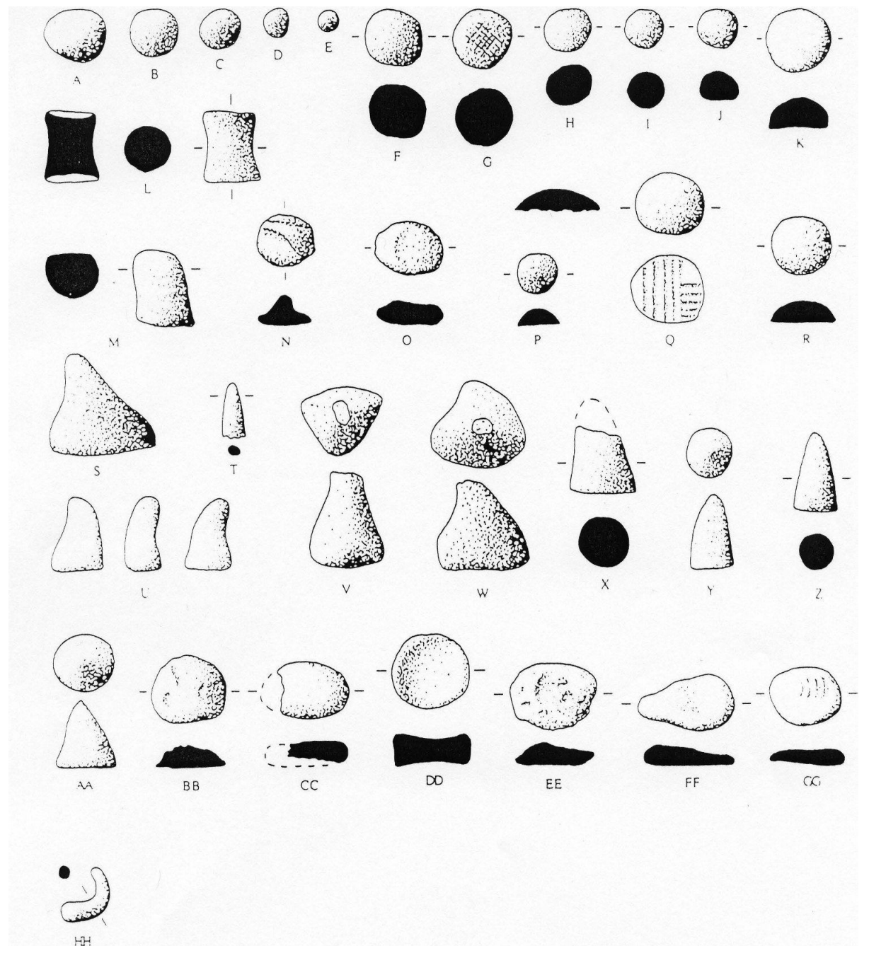 black and white drawing of numerous plain tokens