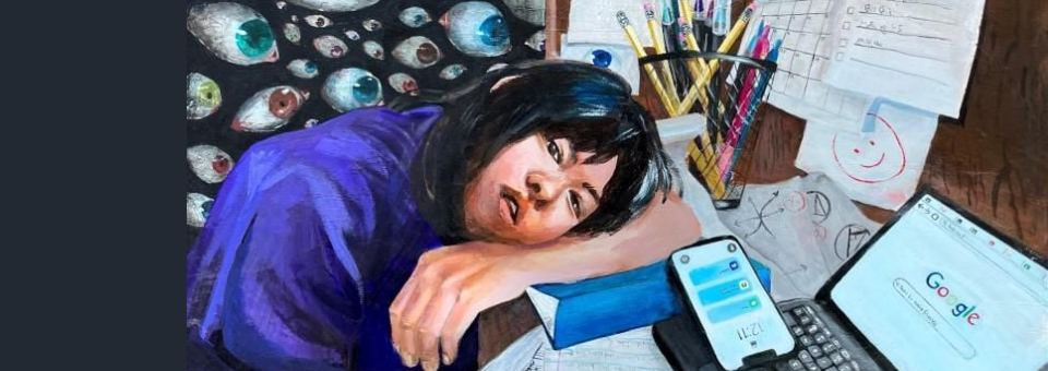 Painting of a young person with head on desk and lots of papers and computer