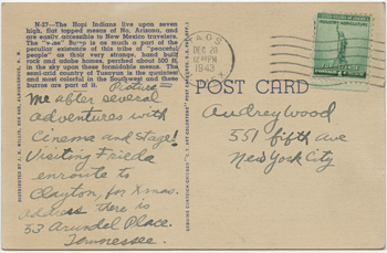 Back of postcard from Tennessee Williams to Audrey Wood, postmarked December 20, 1943. Copyright ©2011 by the University of the South. Reprinted by permission of Georges Borchardt, Inc. All rights reserved.