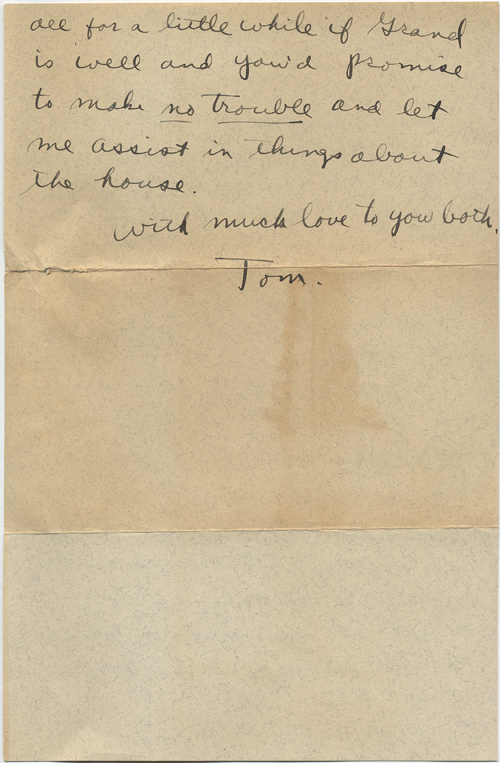 Page two of a letter in which Tennessee Williams asks his grandfather to send his application letter to the Rockefeller Foundation from Memphis, rather than St. Louis. Copyright ©2011 by the University of the South. Reprinted by permission of Georges Borchardt, Inc. All rights reserved.