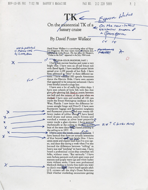 Opening page of corrected proof of Wallace's 1996 essay 'Shipping Out: On the (Nearly Lethal) Comforts of a Luxury Cruise' for Harper's magazine.