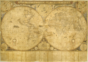 Joan Blaeu's world map "Nova Totius Terrarum Orbis Tabula," 1648. The Ransom Center's copy, one of only two known to exist and the only colored copy, survives complete with an accompanying text. Photo by Pete Smith.