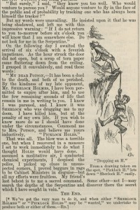 Published in Punch in January 1894, the eighth and last part of “The Adventures of Picklock Holes” by “Cunnin Toil” features the derivative detective tussling on the brink of a waterfall with his archenemy—Sherlock Holmes himself.  