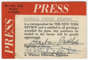 Barbara Probst Solomon's press pass for "The New York Review."