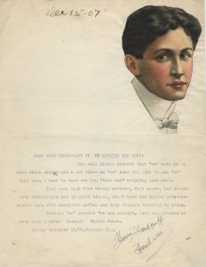 Letter from Harry Houdini to Bess Houdini, 15 December, 1907. Harry Houdini Collection.