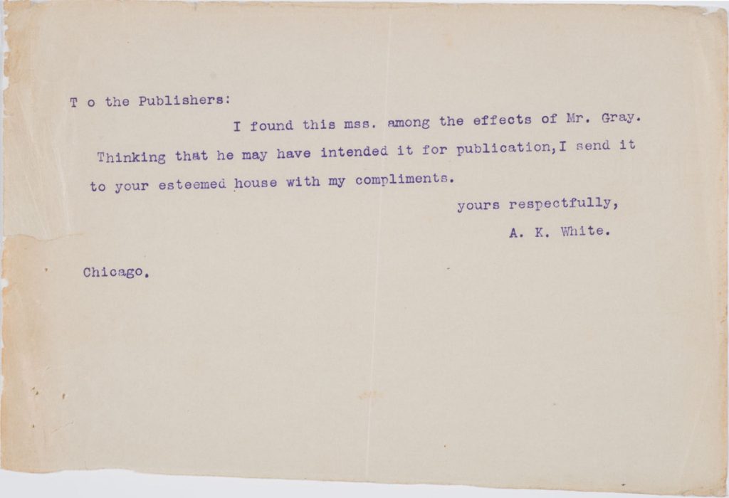 The typed note accompanying the manuscript of A Wild Plaint, 1909. Christopher Morley Collection.