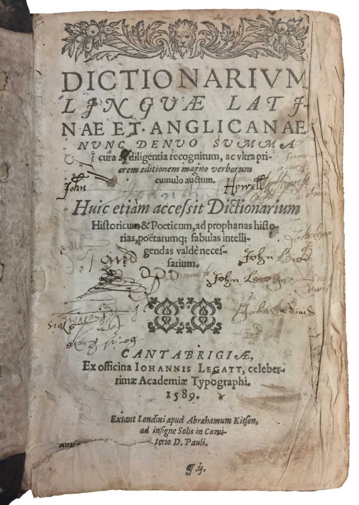 Thomas Thomas, Dictionarium linguae latinae et anglicanae (Cambridge: John Legatt, 1589). Shelfmark Ag T367 588db.