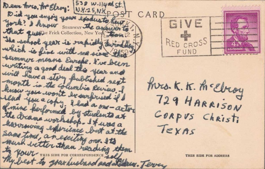 Postcard from Terrence McNally to his high school English teacher Maurine McElroy, 1959