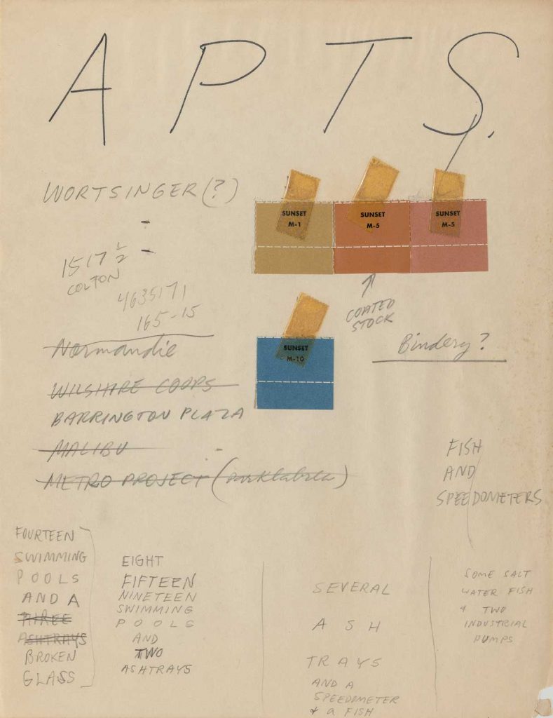 Ed Ruscha (American, b. 1937), Preliminary notes, Some Los Angeles Apartments, 1965. Ink and pencil on paper with color chips, 27.9 x 21.5 cm. Edward Ruscha Papers and Art Collection, 1.8 © Ed Ruscha