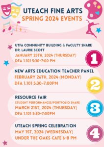 List of UTFA's of Spring 2024 Events. Faculty Share Dr. Laurie Scott January 25th, 2024 (THURSDAY) DFA 1.101 5:30-7:00 PM New ARTS Education teacher panel February 26th, 2024 (Monday) DFA 1.101 5:30-7:00PM Resource Fair Student Performances/portfolio share March 21st, 2024 (THURSDAY) DFA 1.101 5:30-7:00PM UTEACH spring celebration may 1st, 2024 (Wednesday) Under The Oaks Cafe 6-8 PM