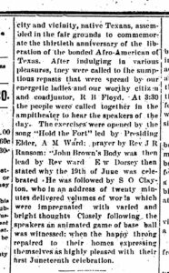 Cropped and enlarged version of the Juneteenth coverage in the Parsons Weekly Blade from June 22, 1895