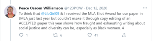 Tweet by Peace Ossom-Williamson dated December 12, 2020