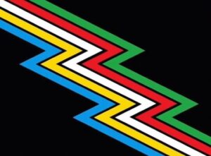 Flag with black background with blue, yellow, white, red, and green zigzagging lines