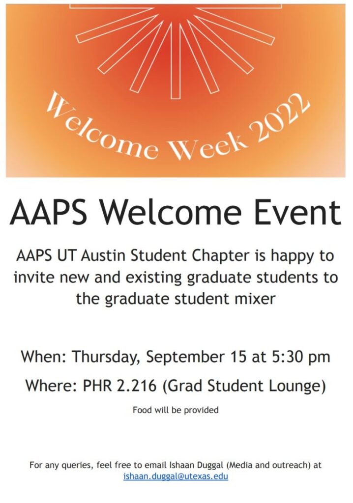Gilead Sciences is Hiring. Recruitment Day, Friday, November 11, 2022 at the College of Pharmacy. AAPS - UT Austin Student Chapter invites you to a seminar and lunch with Scott V. Jermain, Pharm.D., Ph.D., and Julie Fogerty, Ph.D. Time is 12-1:30pm, Location TBD. Sponsored by Gilead (Creating Possible). Logos for Gilead (Creating Possible), The University of Texas at Austin College of Pharmacy, and AAPS American Association of Pharmaceutical Scientists.