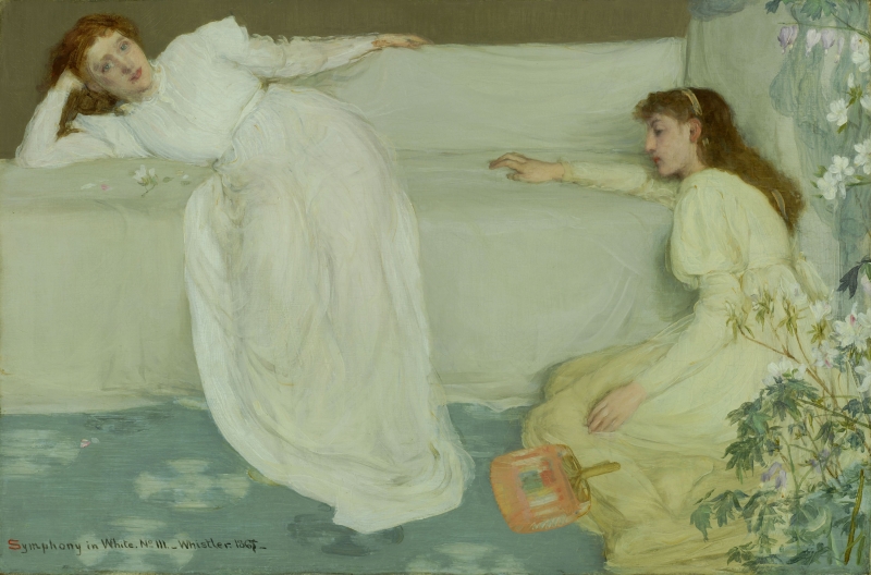 Painting of two female figures lounging on bed