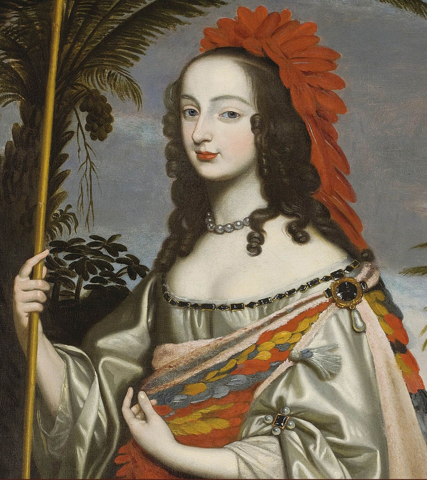 Detail of painting showing female figure adorned in extravagant dress and head piece holding a staff