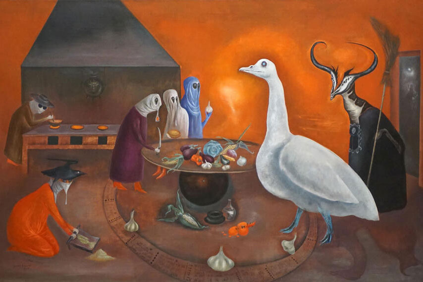 Surrealist painting showing white goose in foreground and mysterious masked figures in background standing around a table or caldron