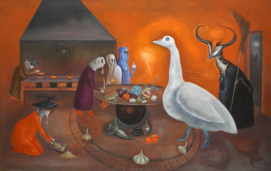 Surrealist painting showing white goose in foreground and mysterious masked figures in background standing around a table or caldron