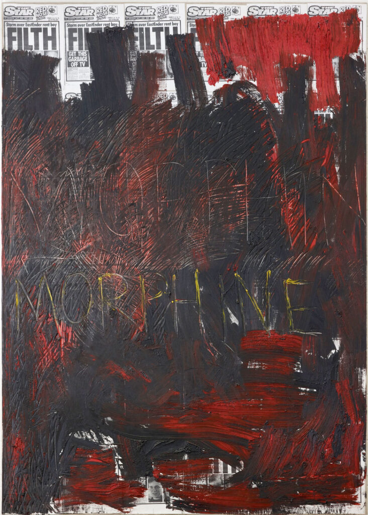 Artwork of collaged newsprint covered with red and black blended paint in which the word morphine has been etched