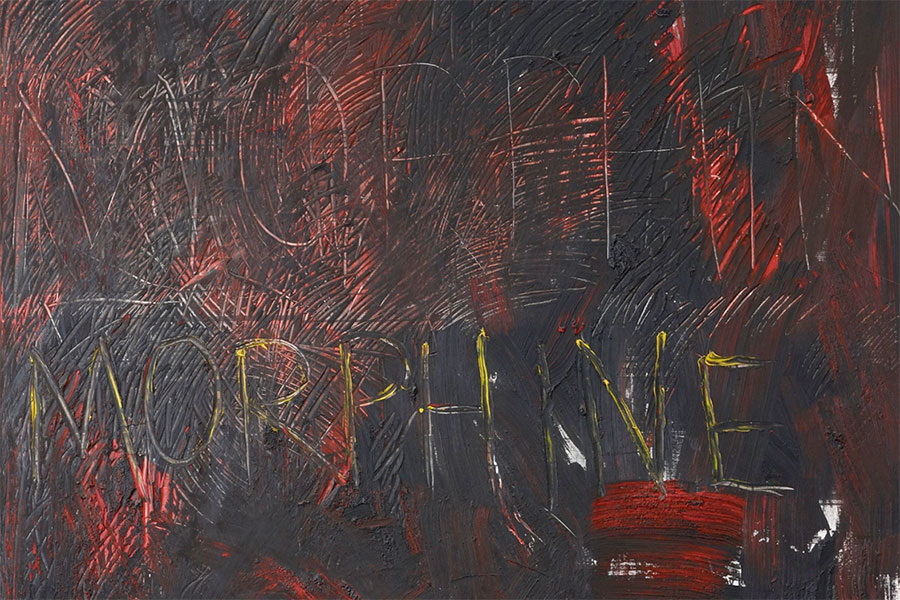 Artwork of collaged newsprint covered with red and black blended paint in which the word morphine has been etched
