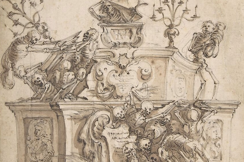 historic drawing of skeleton engaged in fighting