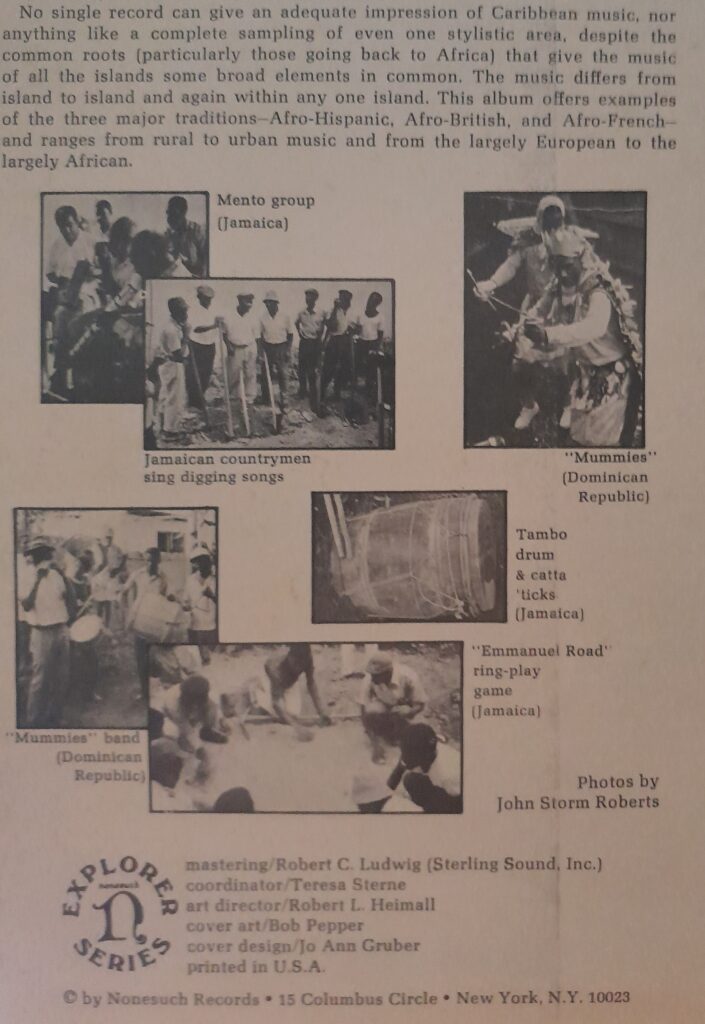 Liner notes and photographs from Nonesuch LP "Caribbean Island Music"